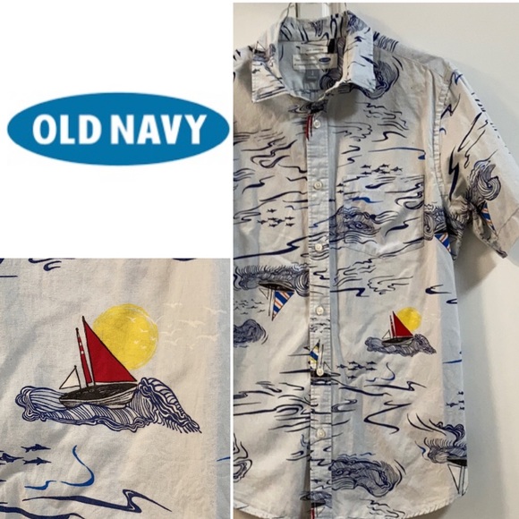 Old Navy shirt Men’s small p sailboat beach ocean short sleeve blue red white - Picture 3 of 7